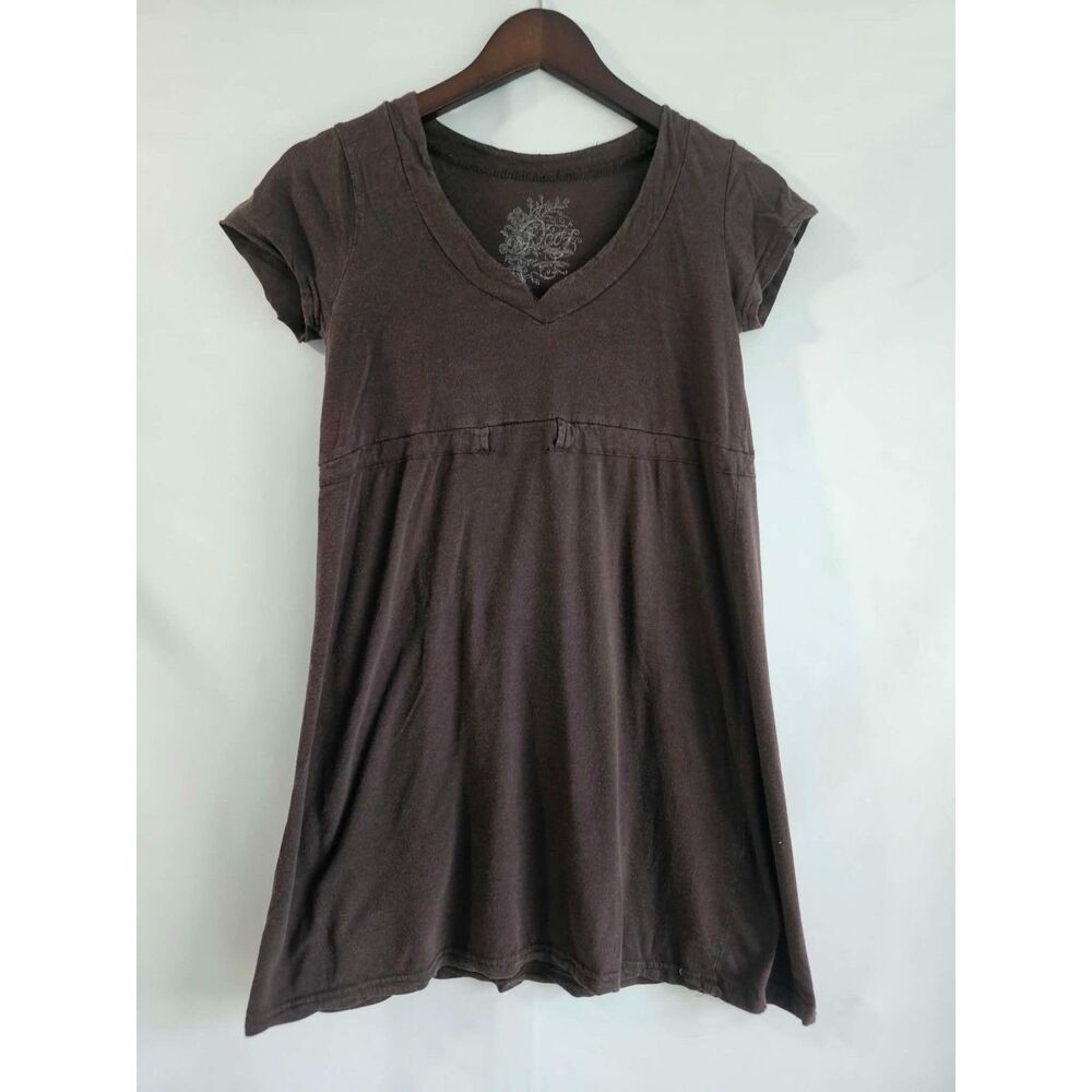 Poof! Brown Y2K Babydoll V-Neck Tee Size Large Boho Empire Waist